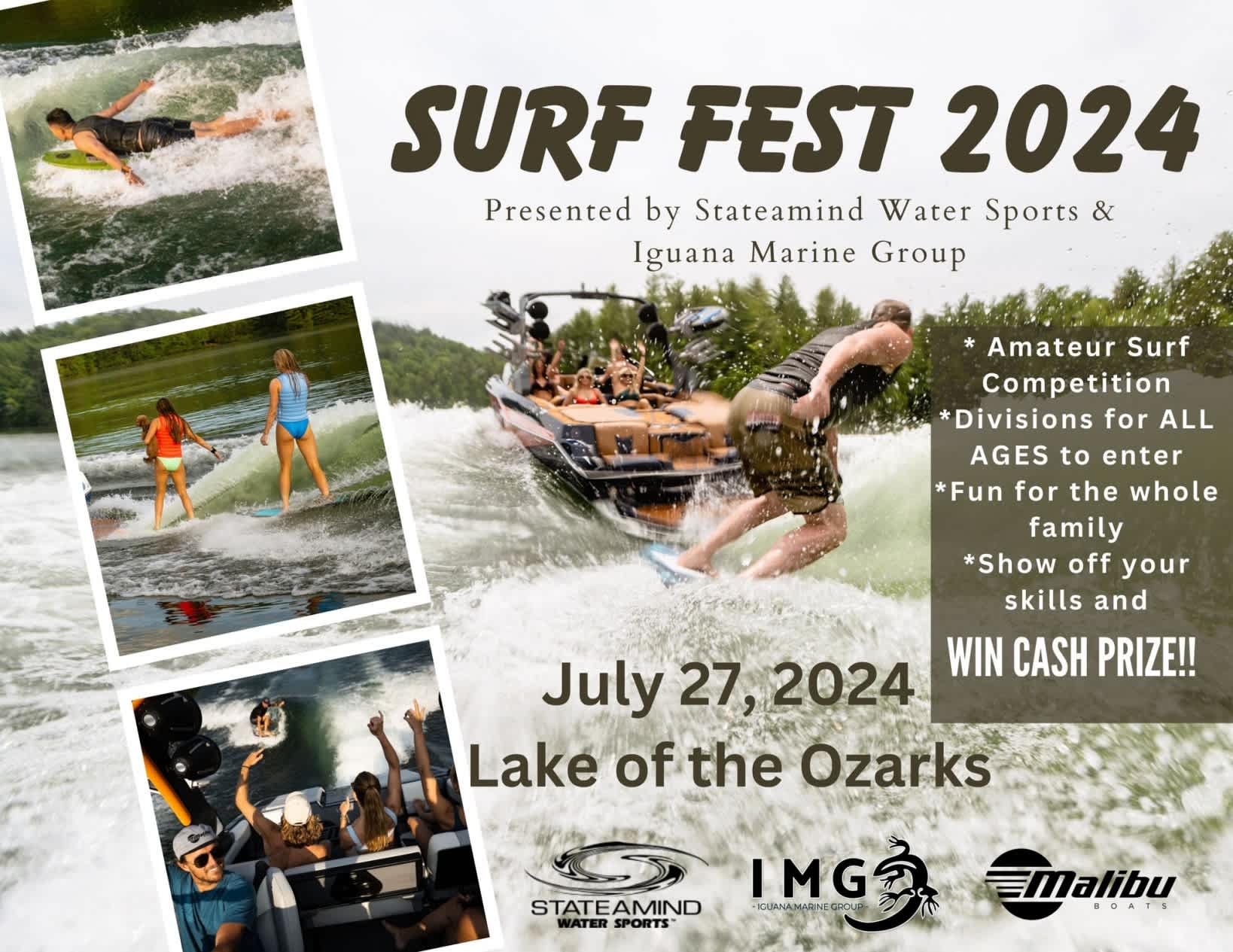 Surf Fest 2024 flyer advertising a July 27 amateur surf competition at the Lake of the Ozarks.