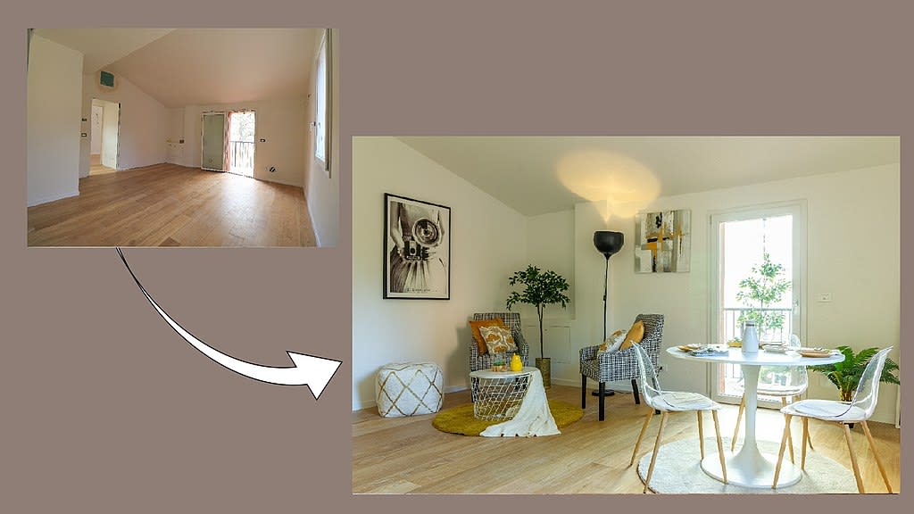 A before-and-after image showing an empty room transforming into a stylish living space with furniture and decor.