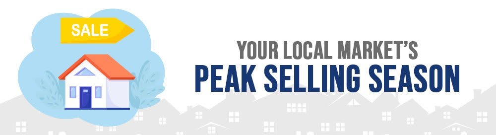 Graphic promoting local real estate market's peak selling season, featuring a house icon and a "SALE" sign.