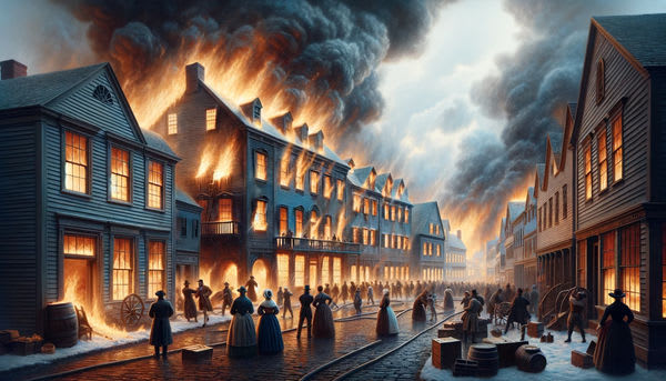 Depiction of Great Fire of Nantucket in 1846 in Main Street