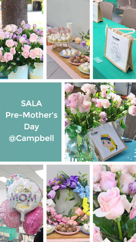 SALA Pre-Mother’s Day event collage with roses, desserts, floral decorations, and Mother’s Day balloons.