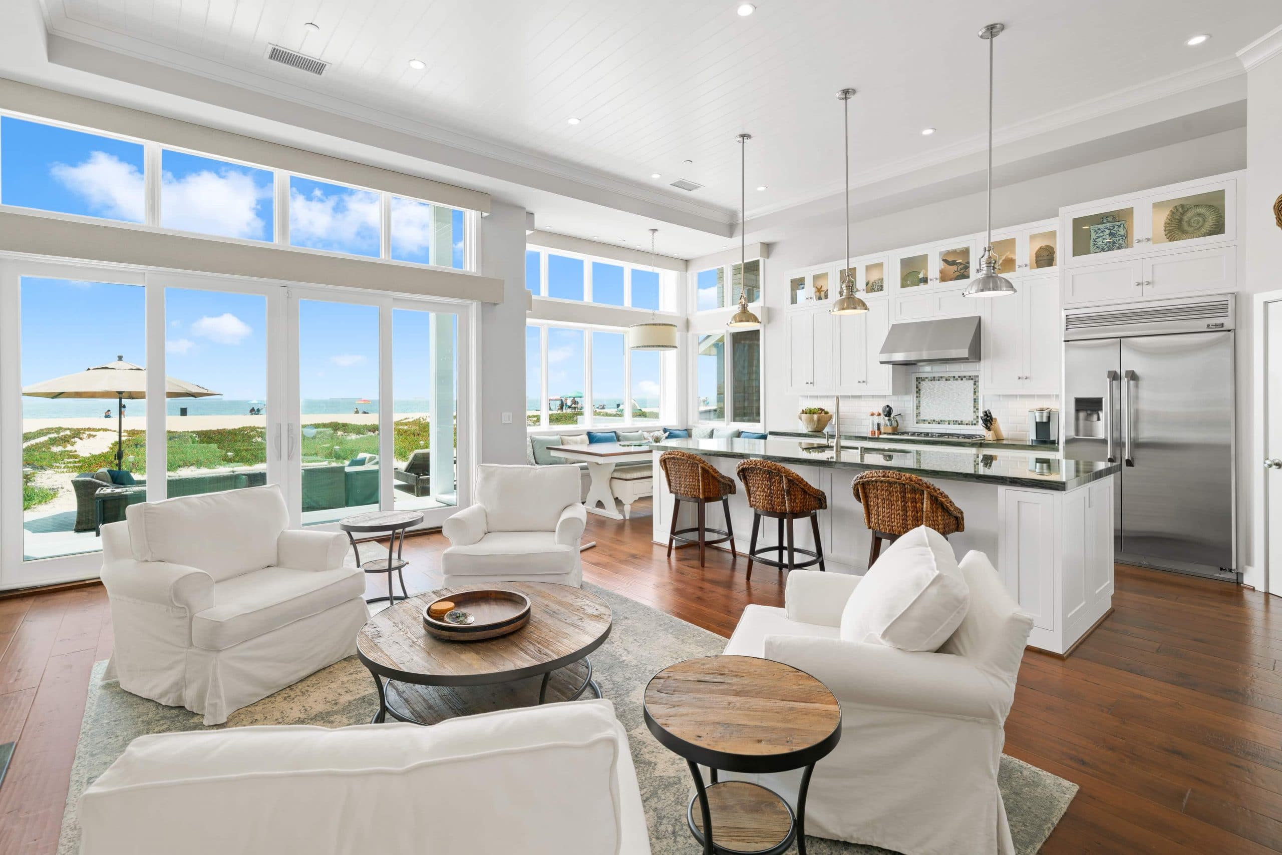 Light and bright beach house with open concept kitchen and living room. 