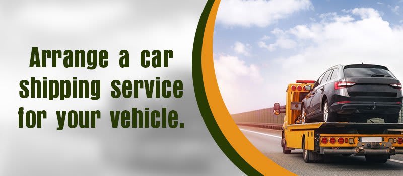 Car shipping advice banner showing a black car on a yellow tow truck.