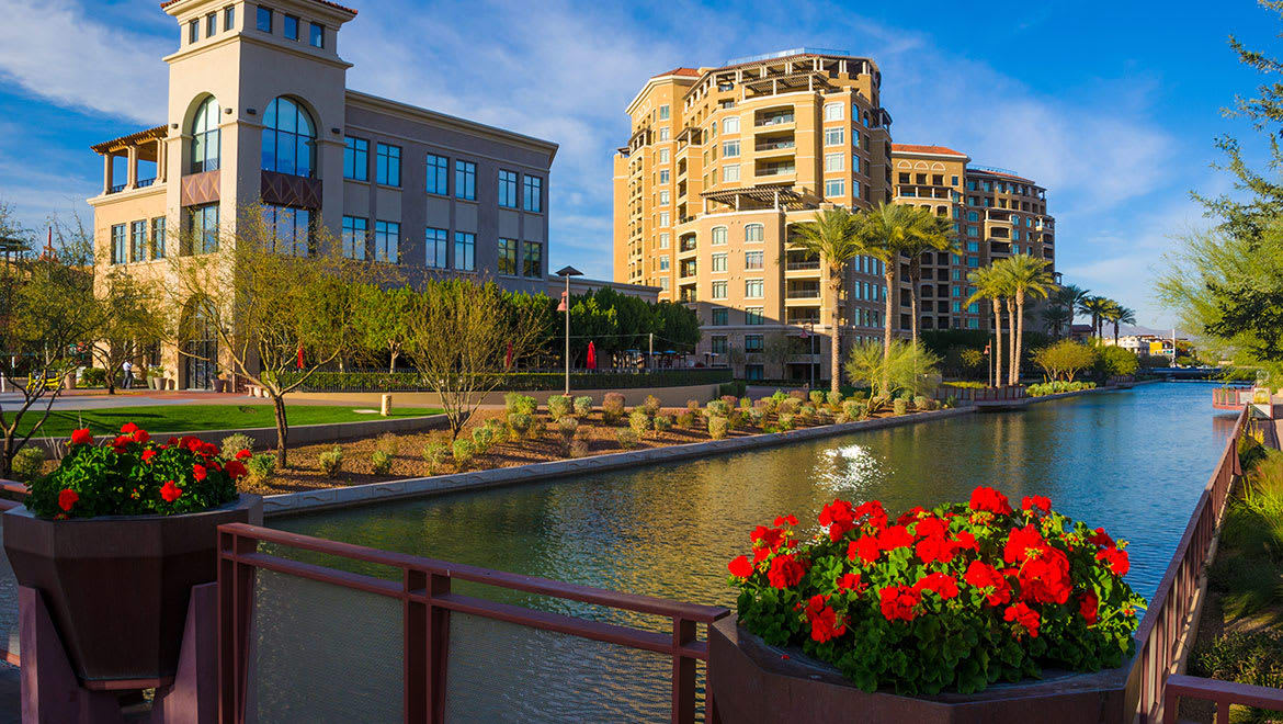 Waterfront condos with blooming flowers offer a luxurious and vibrant lifestyle in an urban oasis.