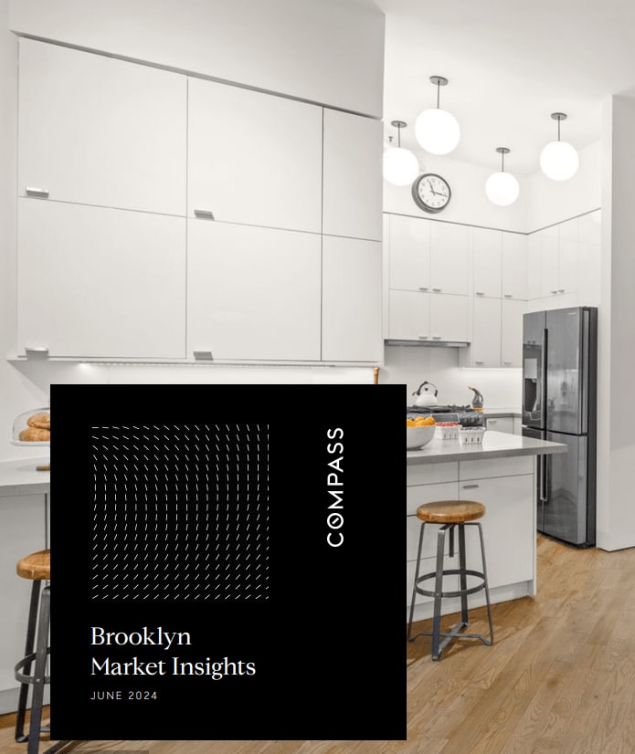 Brooklyn Market Insights, June 2024, with a Compass-branded panel over a bright white kitchen.
