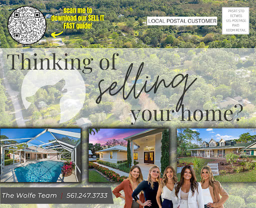 Wolfe Team home-selling mailer with property photos, a QR code, and phone number 561.247.3733.