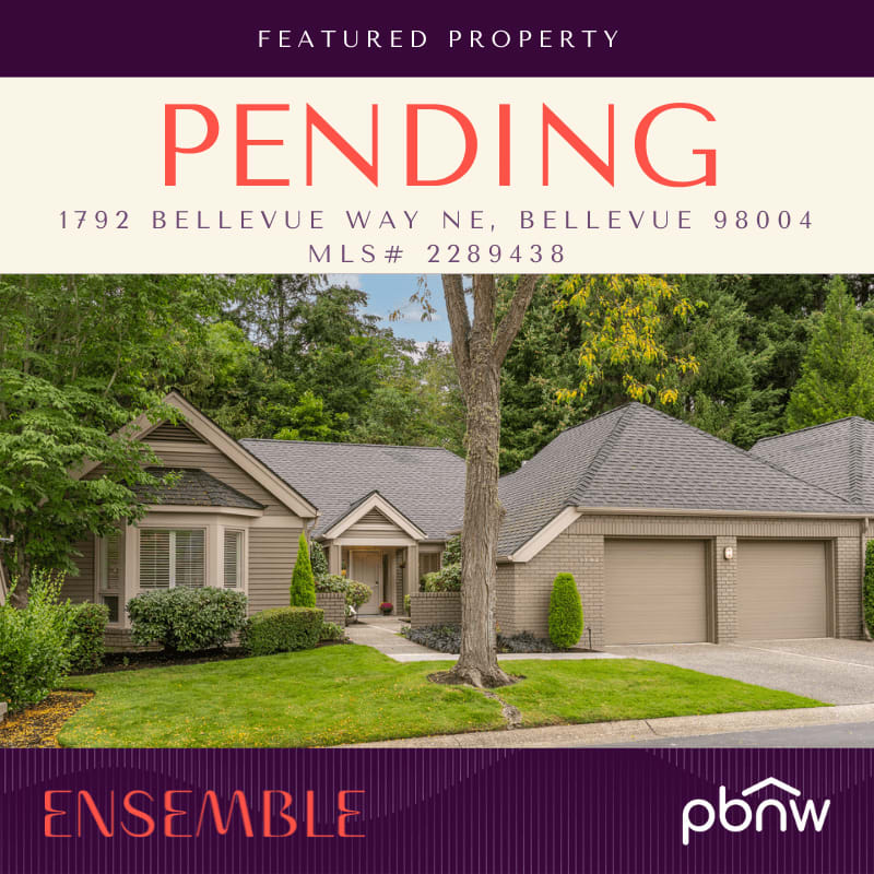 Pending home at 1792 Bellevue Way NE, Bellevue, with a two-car garage and mature trees.