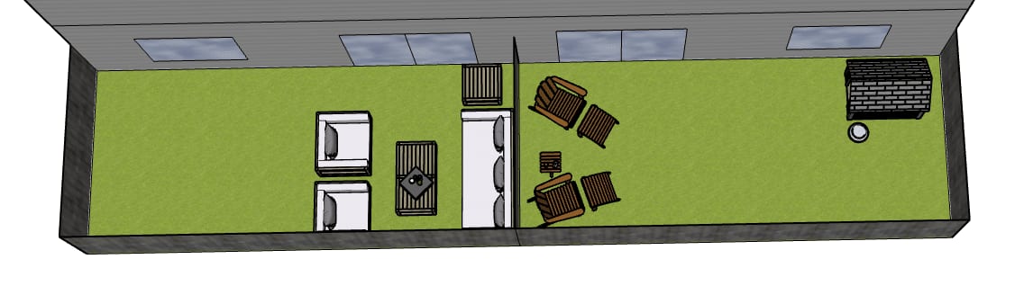 A top-down view of a green outdoor space featuring seating areas, a table, and a grill.