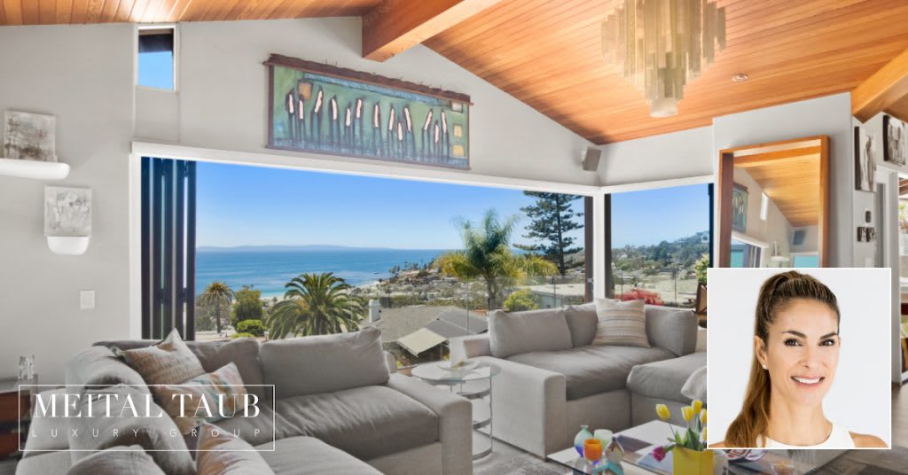 Ocean view living room of 465 Hilledge Dr. in Laguna Beach with First Team logo and Meital Taub headshot in lower right hand corner