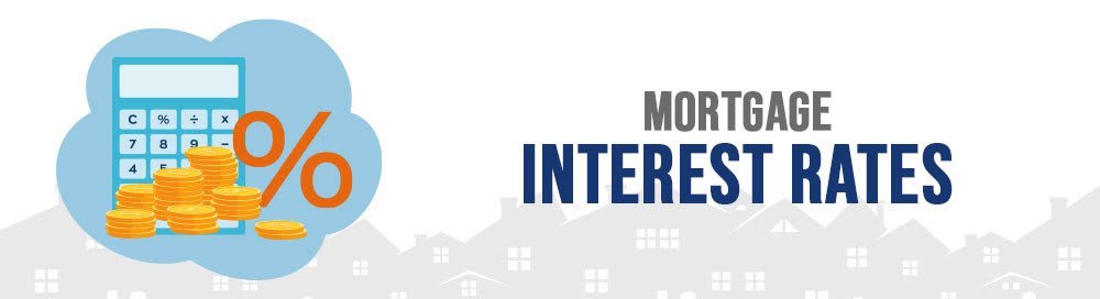 Graphic featuring a calculator, coins, and a percentage symbol, with the text "Mortgage Interest Rates" against a background of houses.