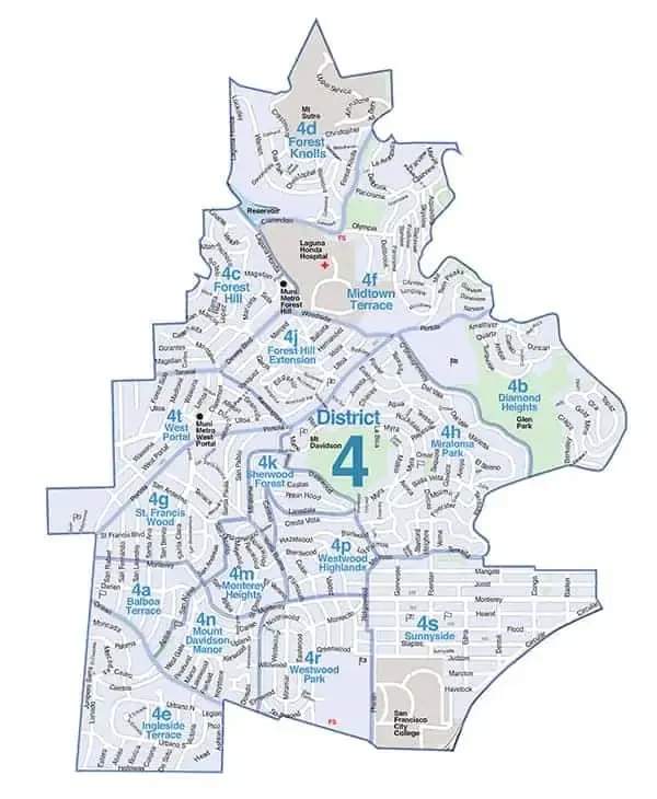 Map of San Francisco District 4 with neighborhood boundaries and labels.