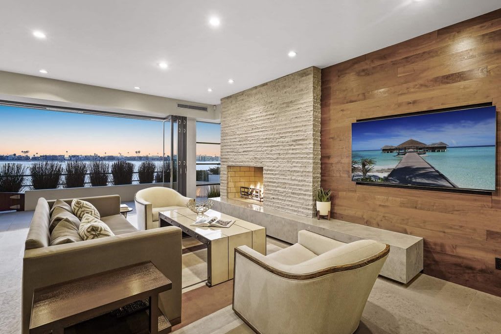 Modern interior looking out to water views in Long Beach's Naples Island