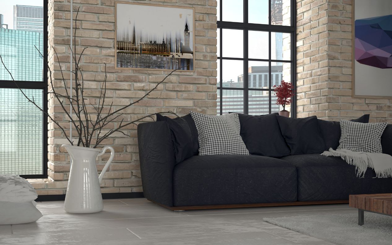 Living Room with Exposed Brick Wall