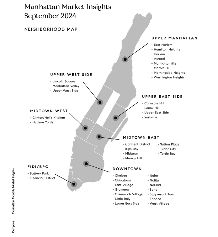 Manhattan neighborhood map labeling seven market areas and their neighborhoods for September 2024.