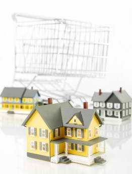 Miniature houses arranged in front of a wire shopping cart.