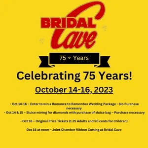 Bridal Cave’s 75th anniversary flyer lists events for October 14–16, 2023.