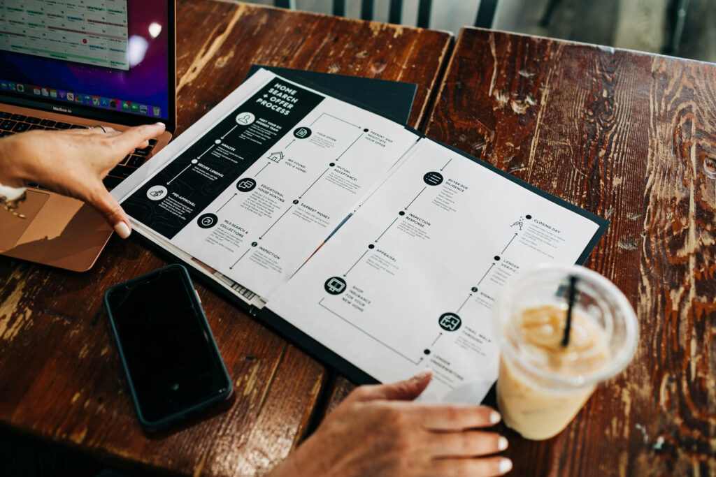 A buyer presentation book on a table with a coffee and laptop