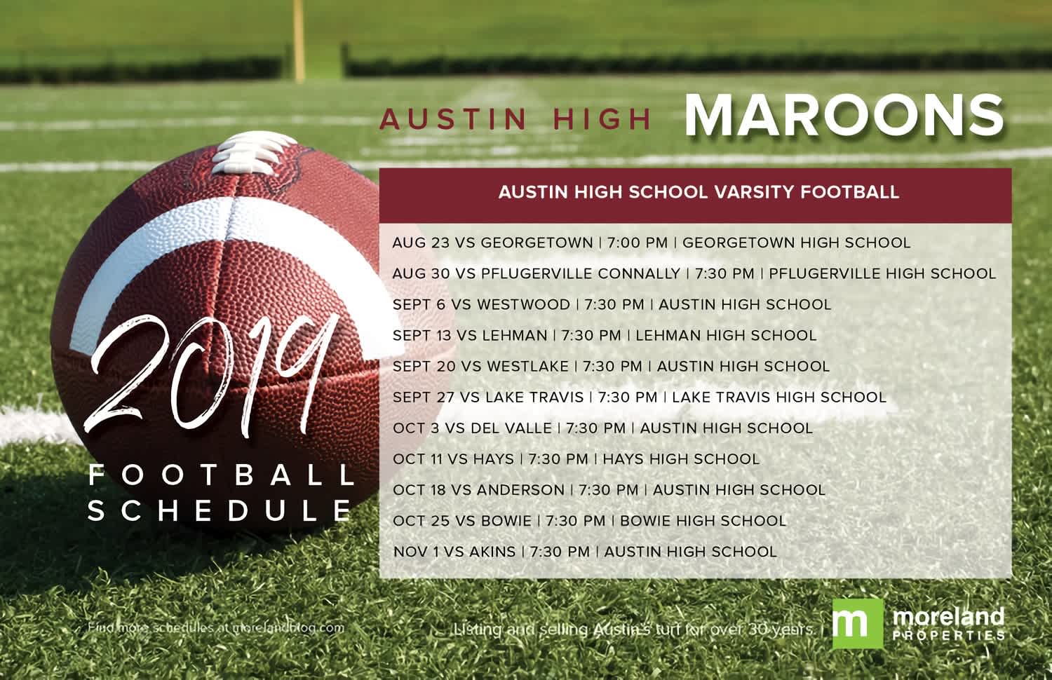 Austin High Maroons 2019 varsity football schedule with game dates, opponents, kickoff times, and venues.