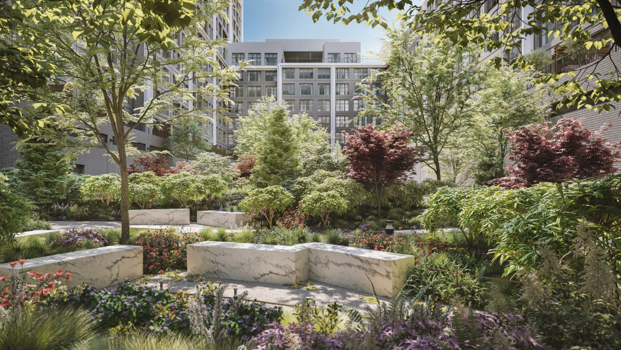 Front & York residential courtyard with flowering gardens, mature trees, and pale stone benches.