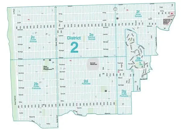 Map of District 2 with labeled neighborhoods including Outer Sunset, Parkside, and Inner Sunset.