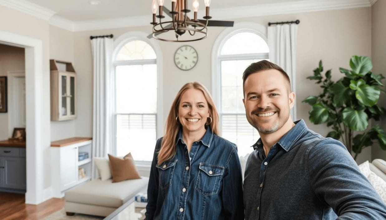 A smiling man and woman pose for a selfie in a bright, stylish living room with large windows and modern decor.
