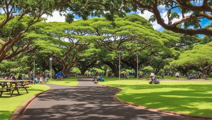 Mililani's parks and recreational areas, with families enjoying picnics, playing sports, or simply lounging in the shade. 