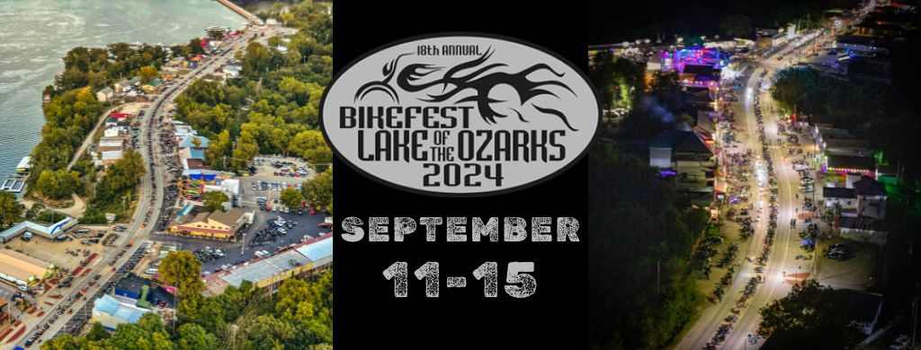 Lake of the Ozarks Bikefest 2024 flyer, September 11–15, with daytime and nighttime aerial views.