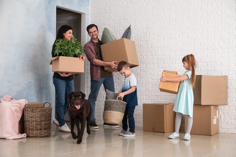 a family moving their house with boxes