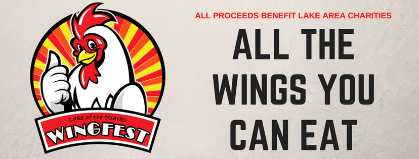 Lake of the Ozarks Wingfest banner advertising all-you-can-eat wings and proceeds benefiting local charities.