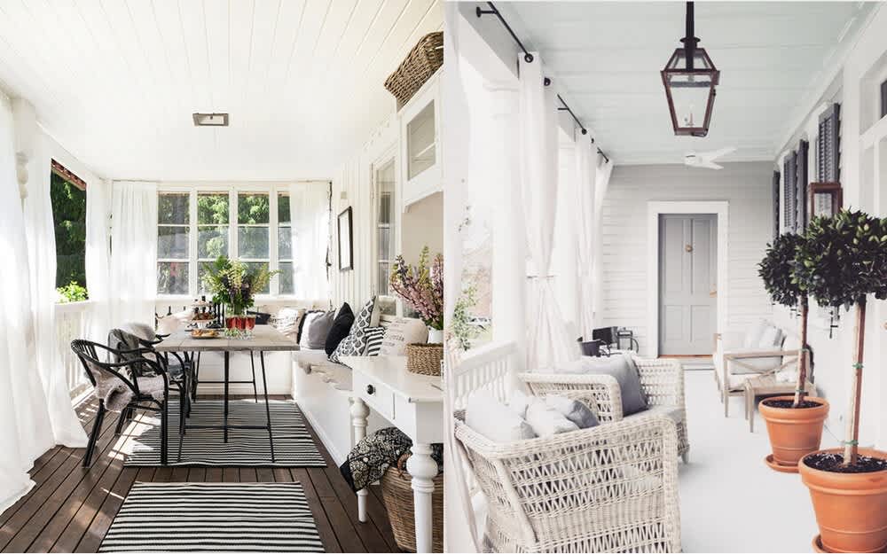 Enclosed dining porch beside a covered porch with wicker seating and potted trees.