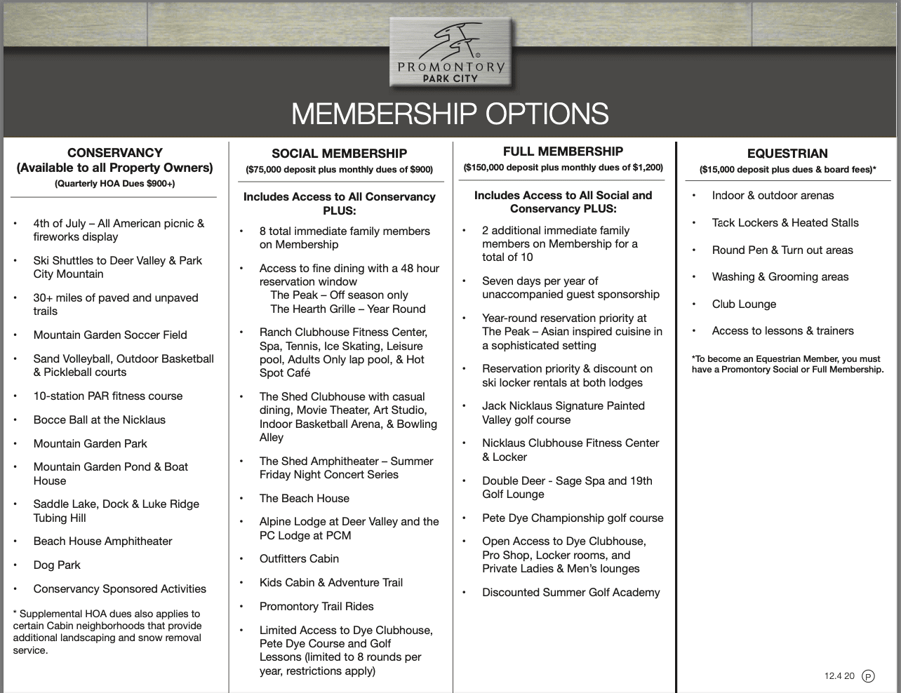 Membership options at Promontory Ranch Park City 