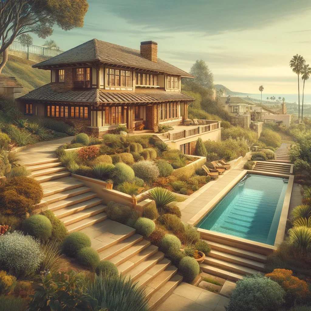 Temple Hills neighborhood above downtown Laguna Beach, CA, with panoramic views.