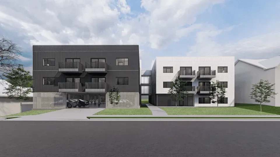 A modern architectural rendering of two multi-story buildings, one black and one white, with green lawns and trees in front.