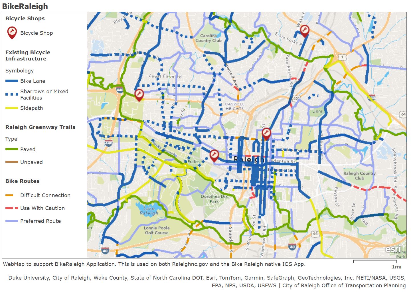 Map of Raleigh showing bicycle shops, bike lanes, greenway trails, and bike routes with various difficulty levels.