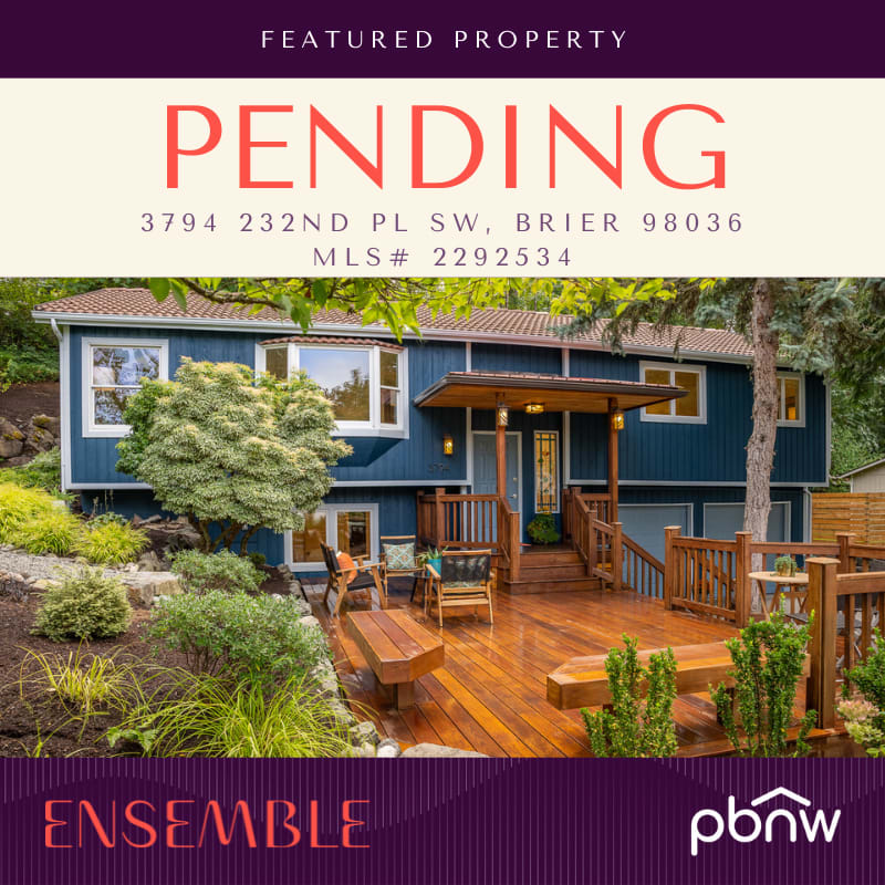 Featured property marked pending: blue house with a spacious wood deck, address and real estate branding.