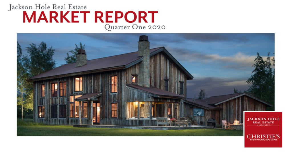 Jackson Hole Real Estate Quarter One 2020 market report featuring a timber home at dusk.