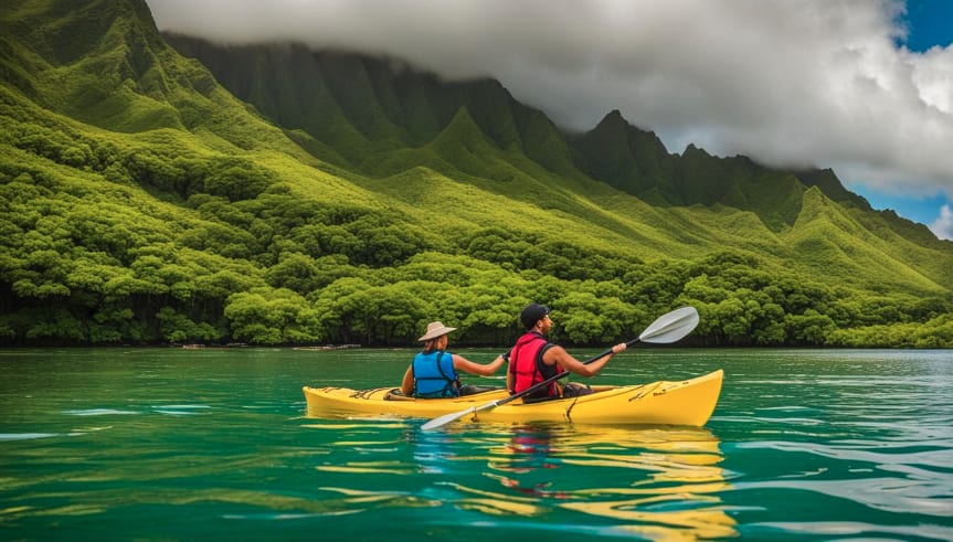 A family paddling a kayak on calm waters surrounded by lush greenery in Kaneohe.