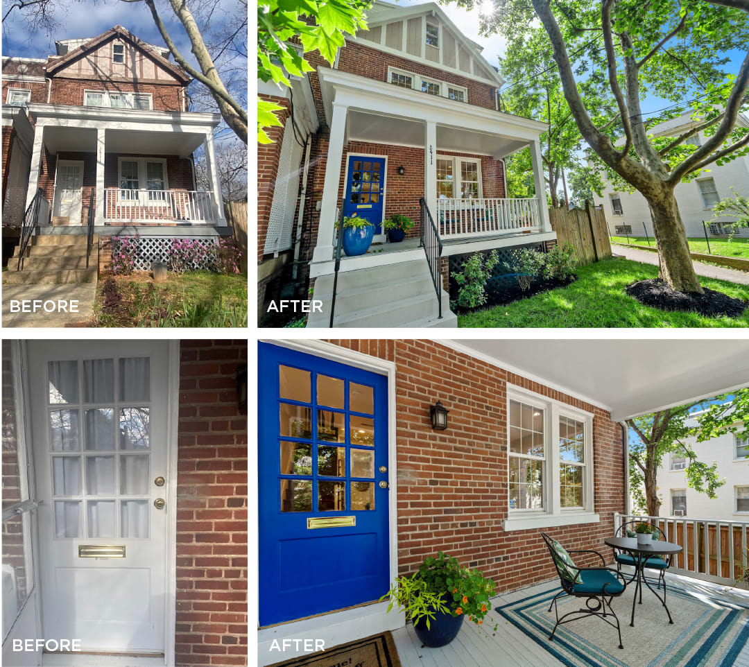 Brick home exterior before and after updates, with a bright blue front door and furnished porch.