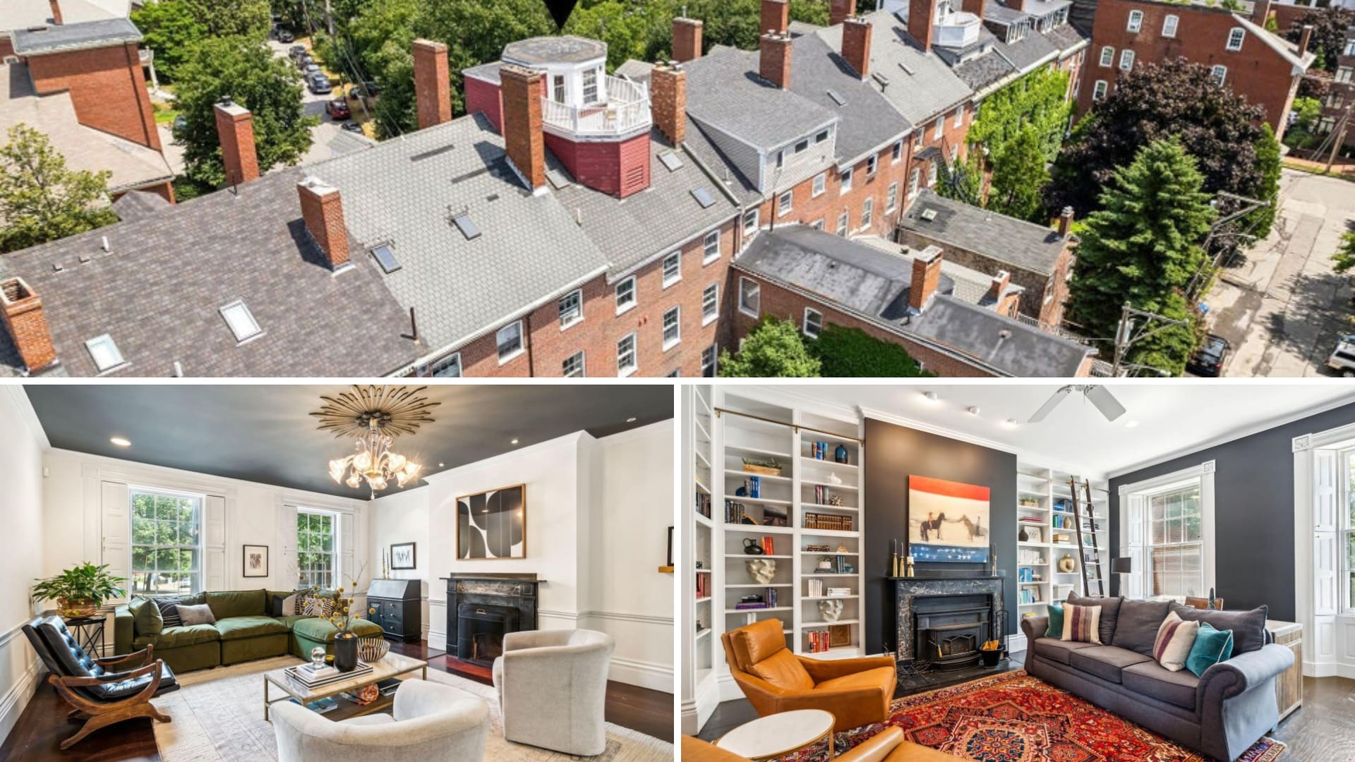 Red-brick Portland property and two living rooms, with fireplaces, built-in bookshelves, and large windows.