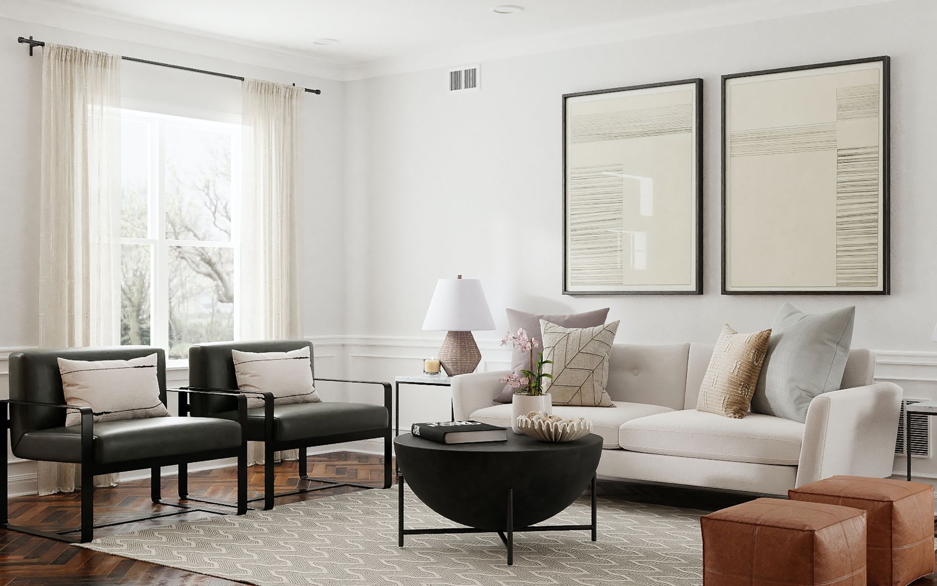 Staged living room with a white sofa, black armchairs, round coffee table, and large curtained window.