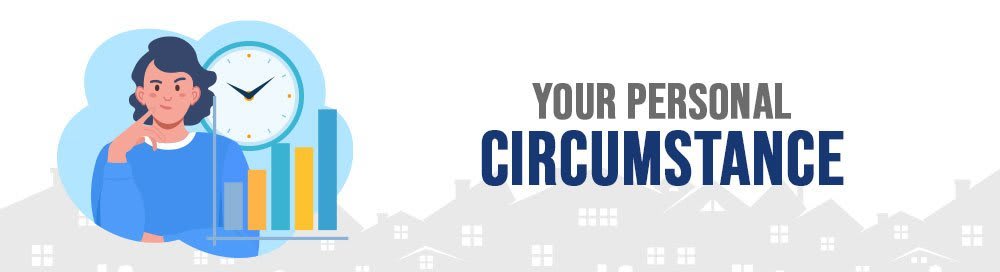 An illustration of a woman thinking, with a clock and bar graph, alongside the text "YOUR PERSONAL CIRCUMSTANCE."