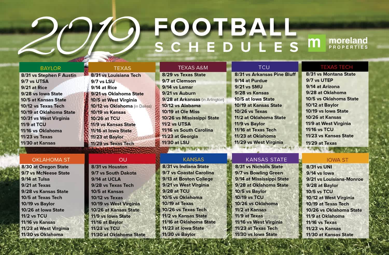 2019 college football schedules for ten teams, with game dates and opponents listed.