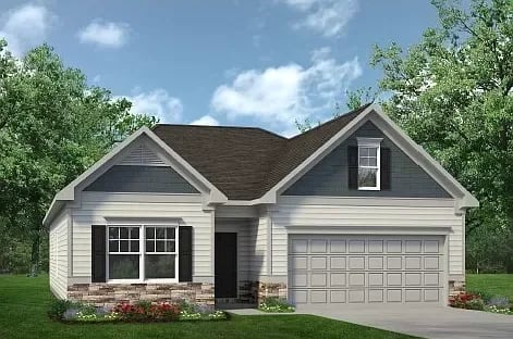 Gray house with a two-car garage and a stone path leading to the front door.