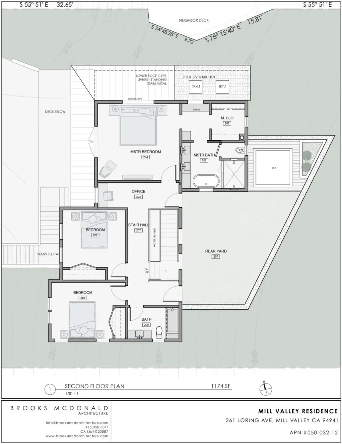 Second-floor plan for a 1,174-square-foot Mill Valley residence, showing three bedrooms, an office, and a spa.