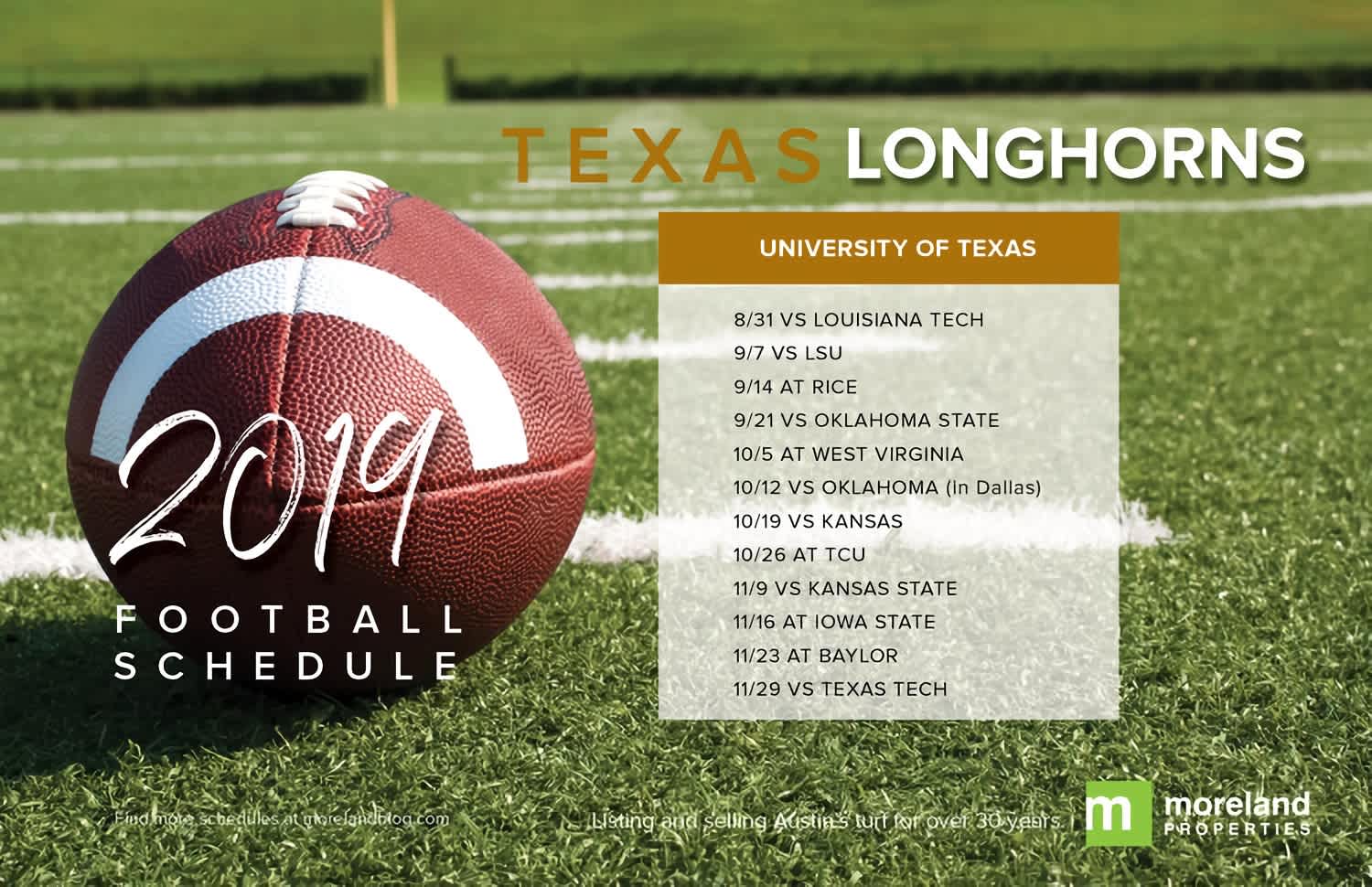 2019 Texas Longhorns football schedule listing game dates and opponents, over a field with a football.