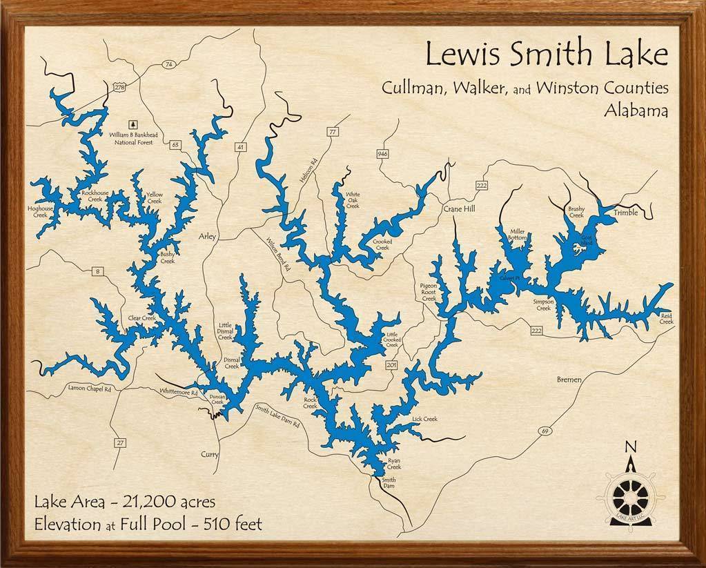 Vibrant map of Lewis Smith Lake, a large lake in Alabama.