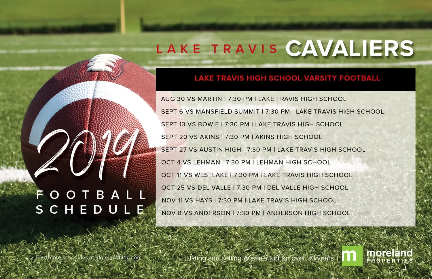 Lake Travis Cavaliers 2019 varsity football schedule with game dates, opponents, times, and venues.