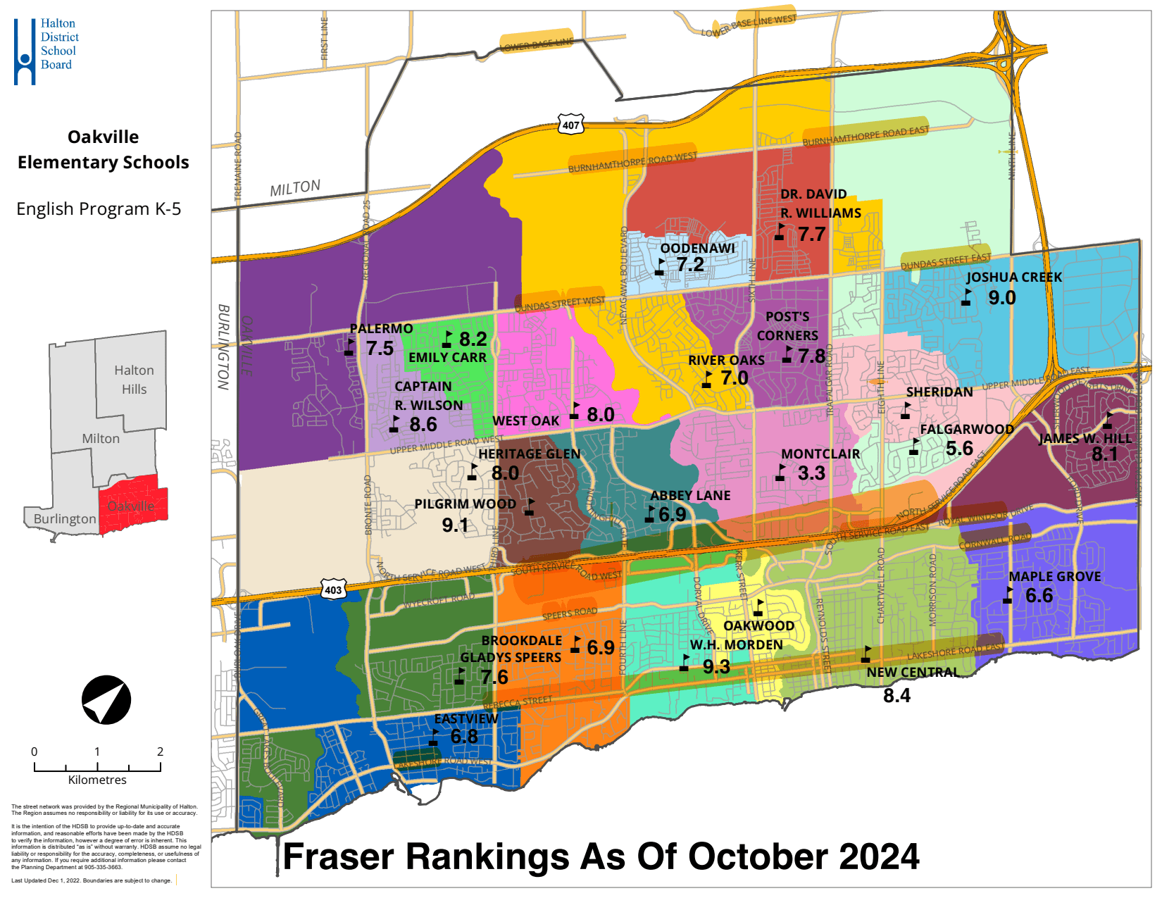 Map of Oakville's elementary schools, showing Fraser rankings for K-5 programs, with color-coded areas and school names.
