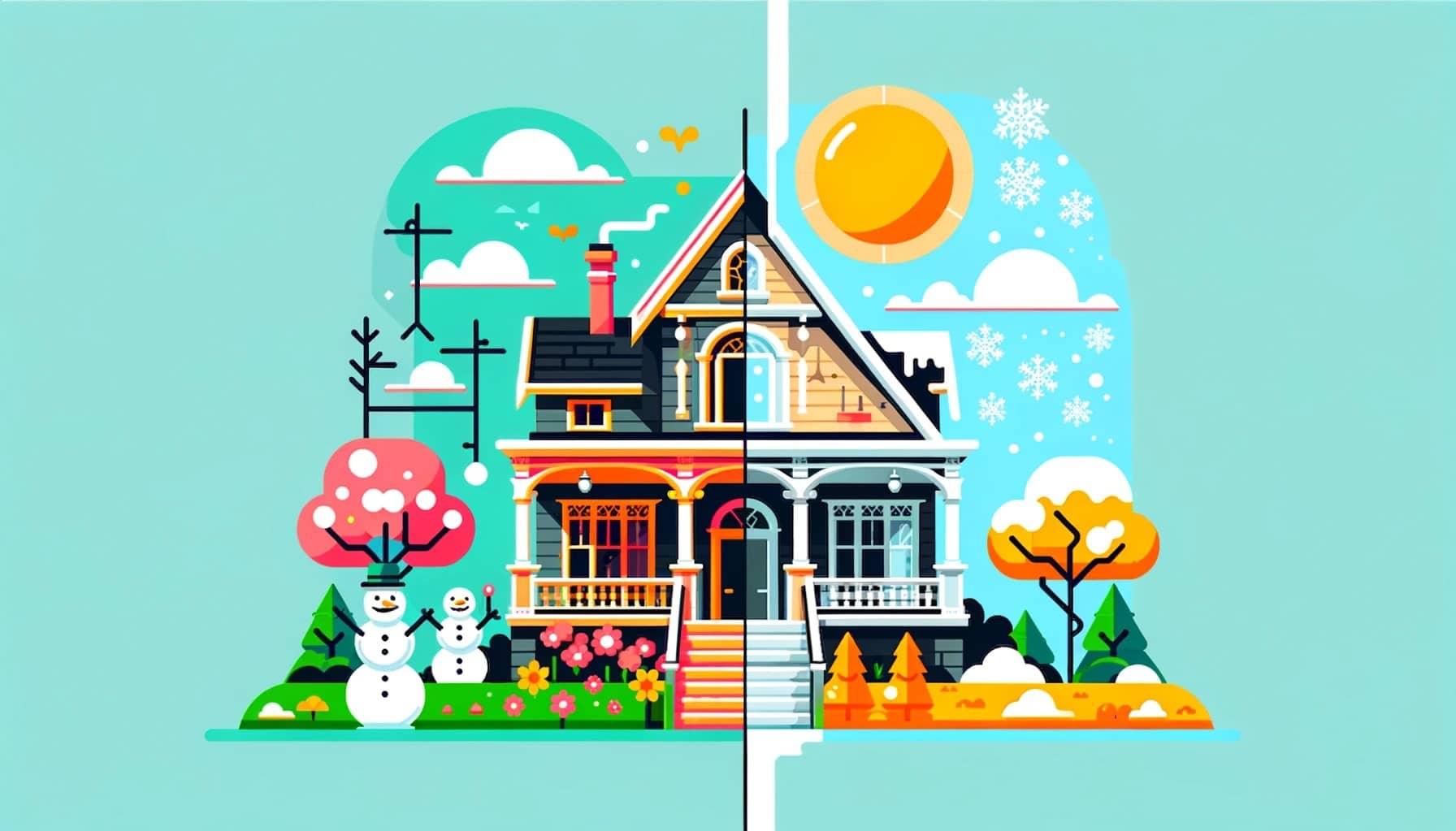 Flat cartoonish graphic depicting a San Francisco real estate home, half in winter, half in spring, to symbolize the best season for home sellers.