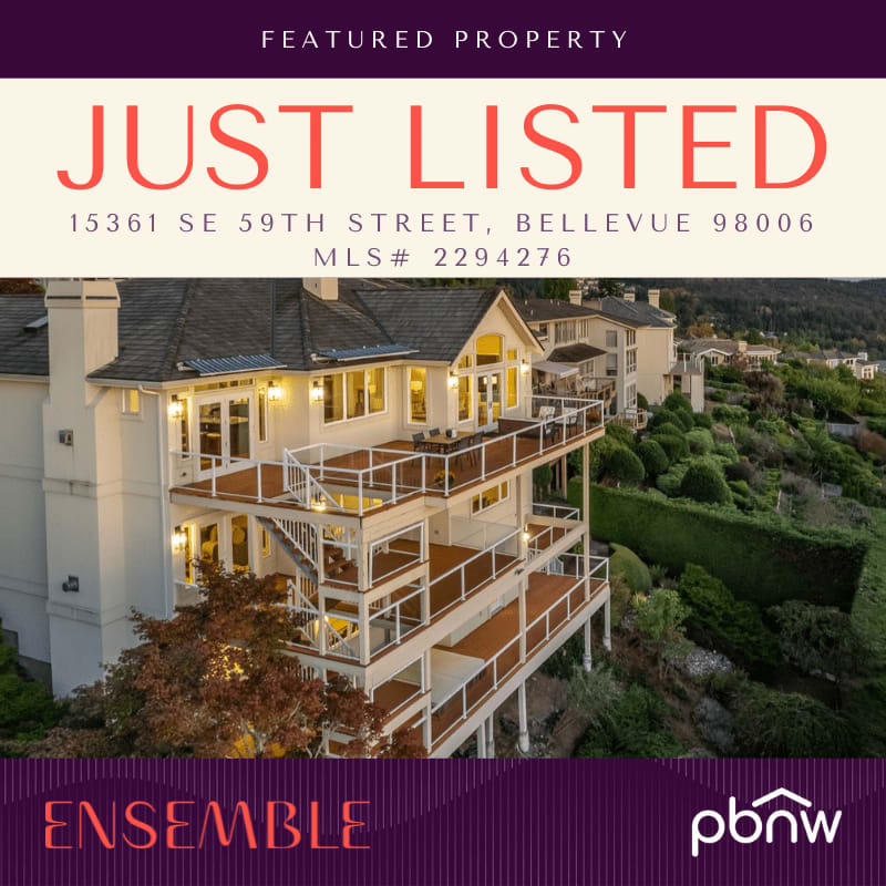 Just-listed Bellevue home at 15361 SE 59th Street, featuring multiple balconies and landscaped grounds.